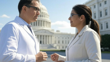 Male and female doctors in white coats discussing perinatal care in front of the Washington State Capitol